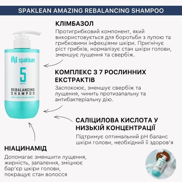 Балансуючий шампунь для глибокого очищення та проти лупи Spaklean Amazing Rebalancing Shampoo 500 мл cos1109 фото